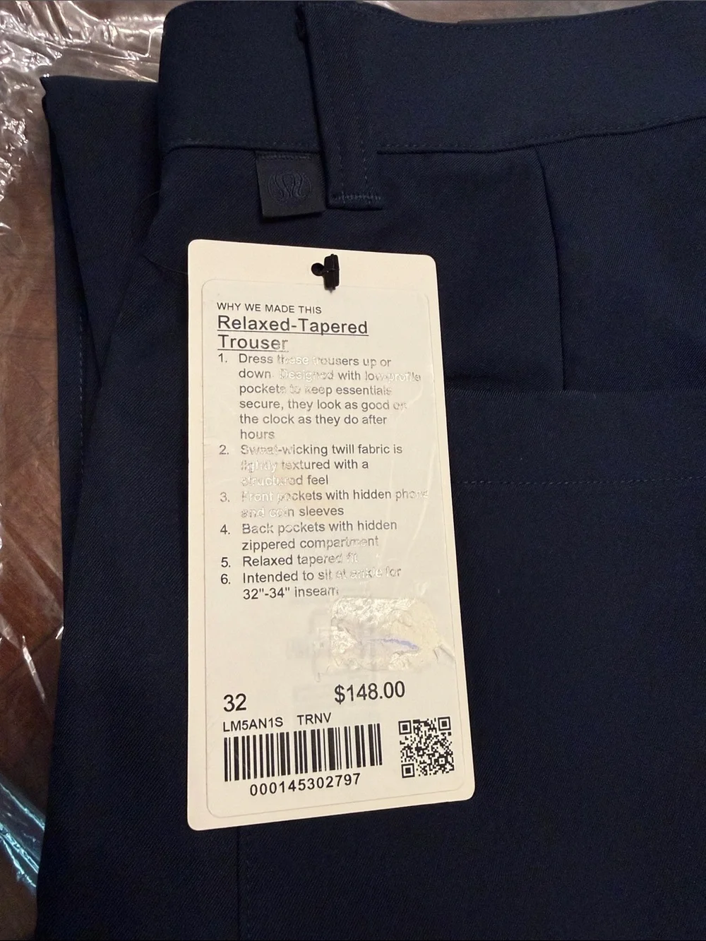 NWT Mens Lululemon Relaxed Fit Tapered Trouser 28” Sz 32 True Navy Blue